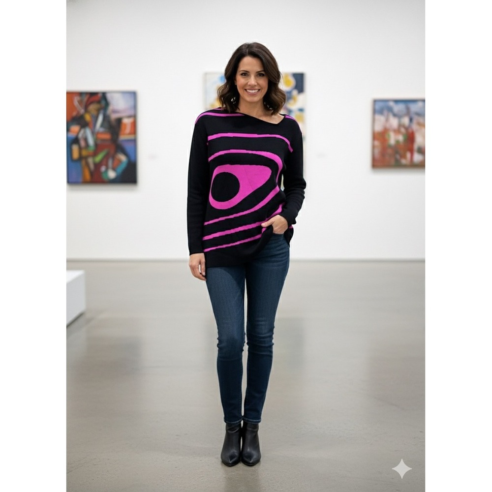 Black Pink Abstract Eye Print Long Sleeve Knit Sweater Top XL